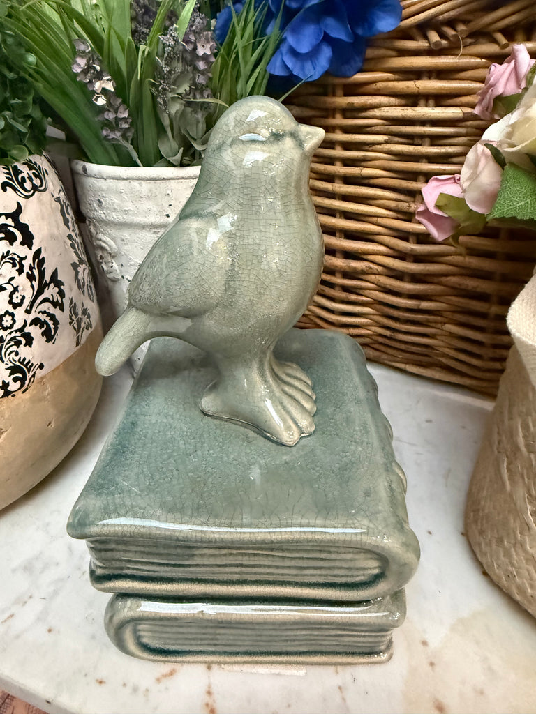 Sage Green Ceramic Bird On Books