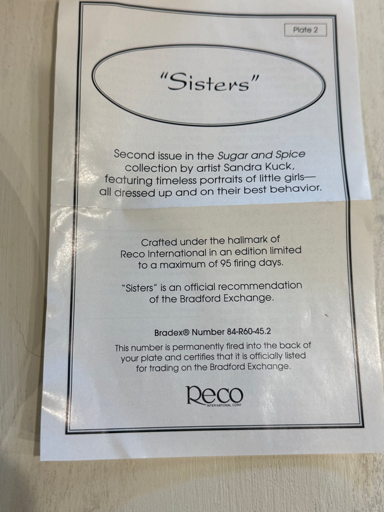 Sandra Kuck “Sisters” & “Little One” Limited Edition Collector Plates – Reco 1993 – COA Included