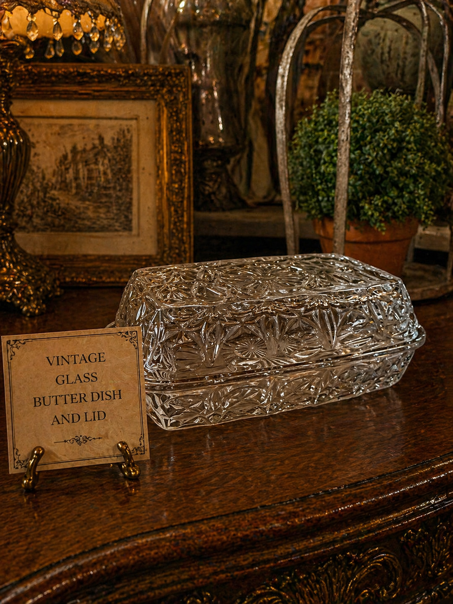 Vintage glass butter dish with lid