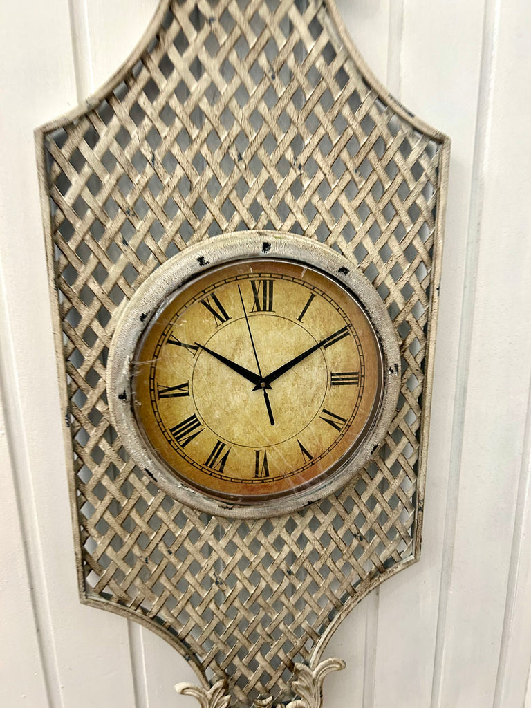 French Provincial Style Clock on Metal Wall Hanging.