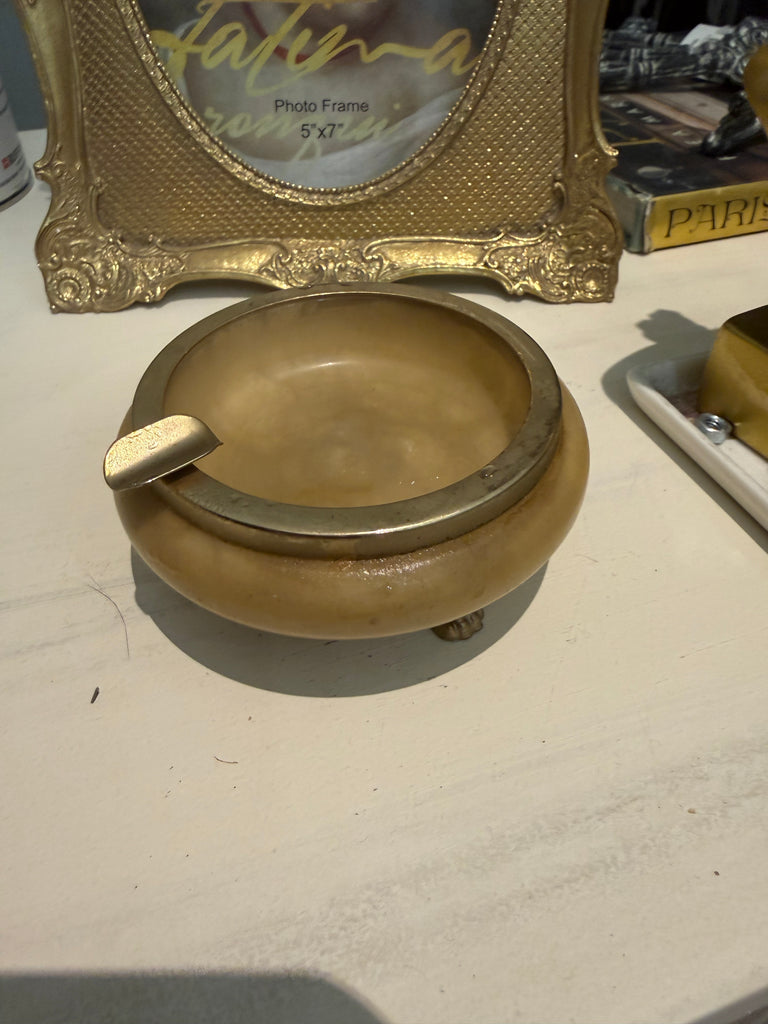 Vintage Italian Genuine Hand Carved Alabaster Ashtray Honey Stone Made in Italy Mid Century