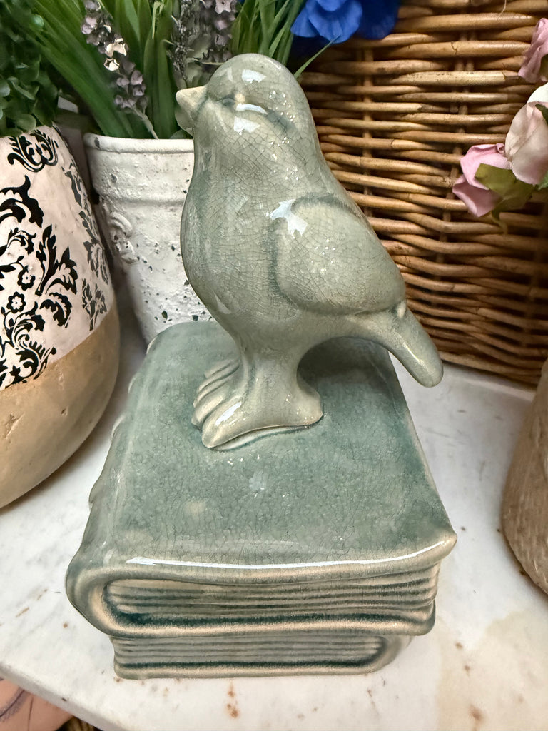 Sage Green Ceramic Bird On Books