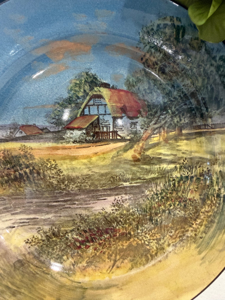 Antique Royal Doulton D4340 Hand-Painted English Cottage Landscape Plate – 26 cm – Early 20th Century