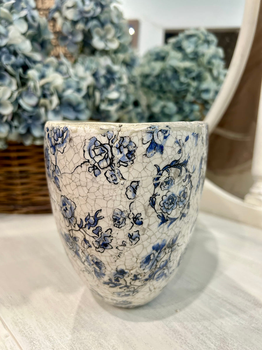 Rustic Crackled Blue Flower Vase/Pot