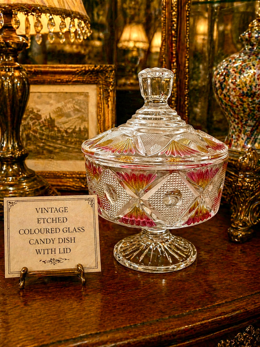 Vintage Etched Coloured Glass Candy Dish with Lid