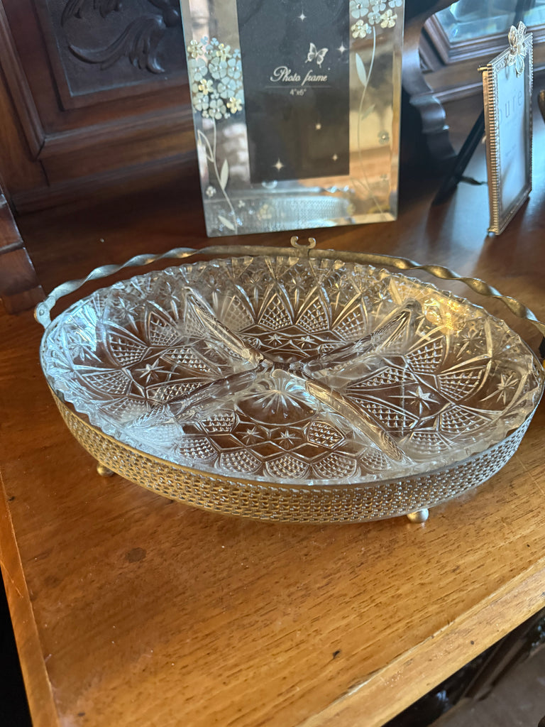 Vintage Mayell Queen Anne Silver Plated & Glass 4-Part Hors d’Oeuvre Dish – England c.1960s