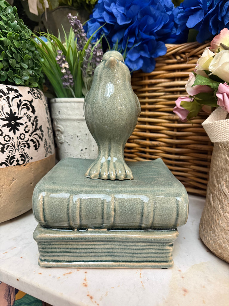 Sage Green Ceramic Bird On Books