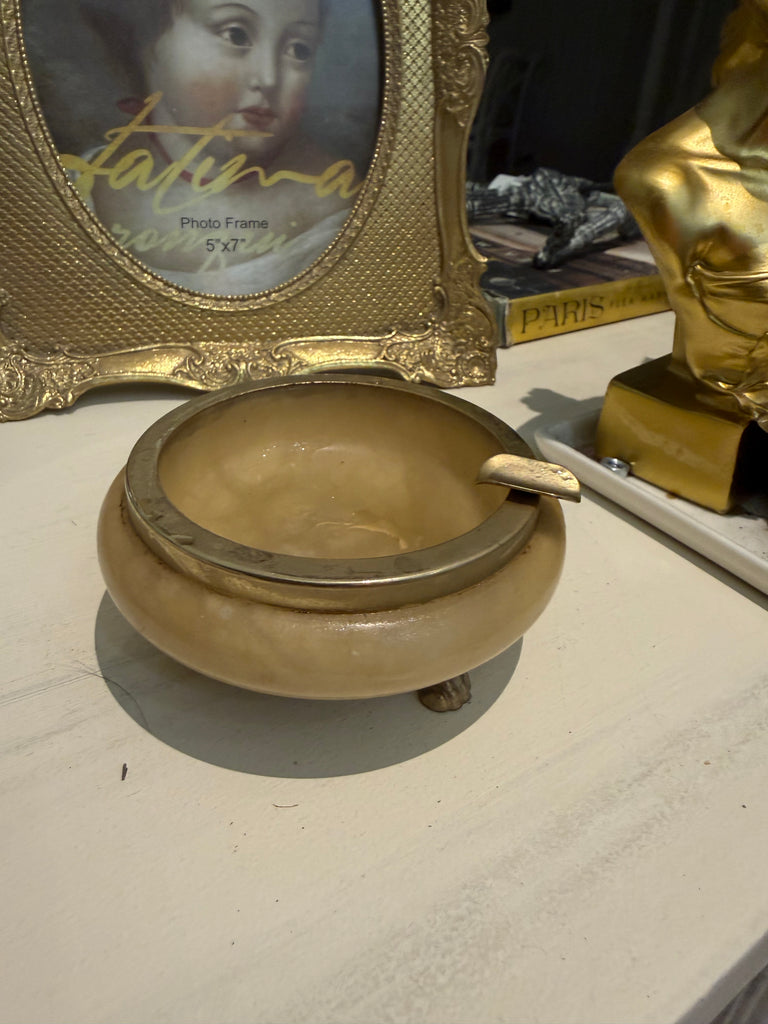 Vintage Italian Genuine Hand Carved Alabaster Ashtray Honey Stone Made in Italy Mid Century