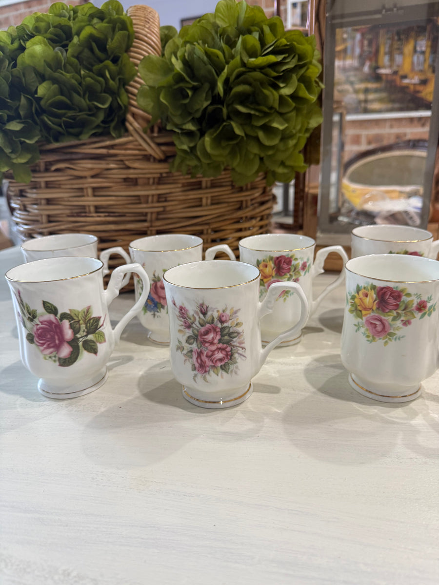 Vintage Hitkari Potteries Bone China Floral Mugs – 7-Piece Set – c.1970s–80s