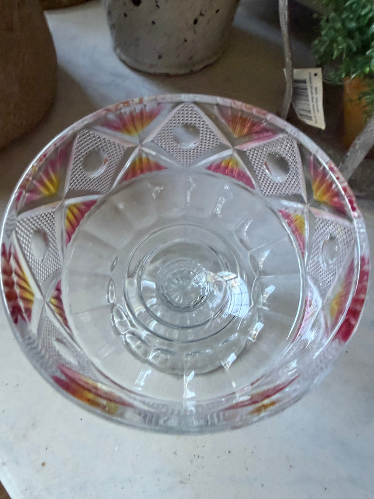 Vintage Etched Coloured Glass Candy Dish with Lid