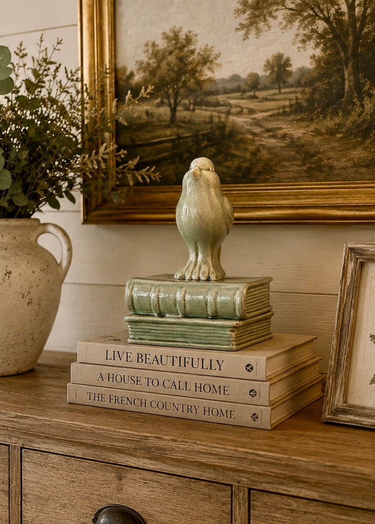Sage Green Ceramic Bird On Books