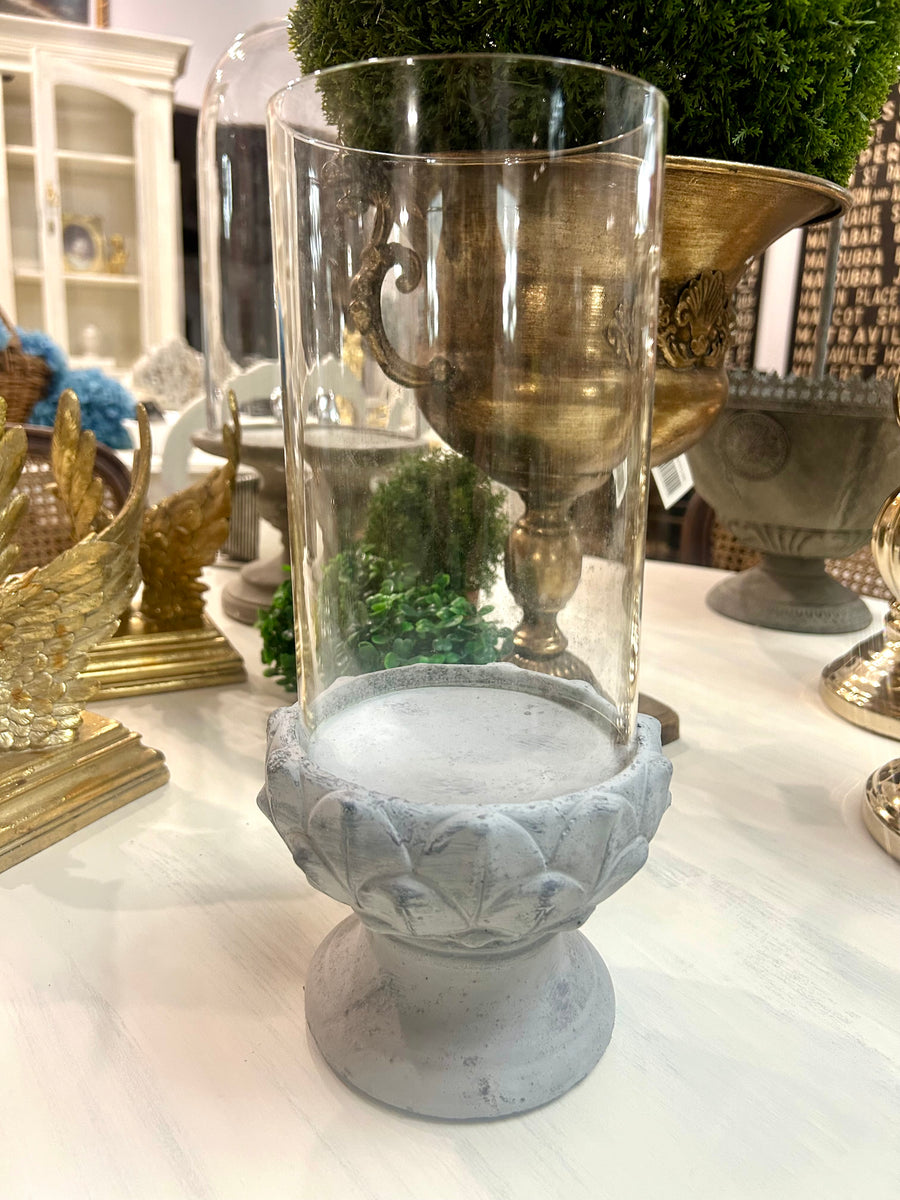 Cement leaf stand with hurricane glass