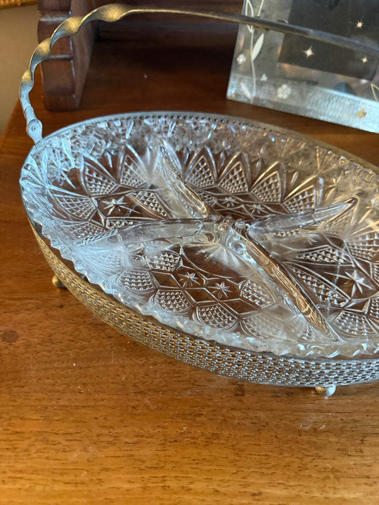 Vintage Mayell Queen Anne Silver Plated & Glass 4-Part Hors d’Oeuvre Dish – England c.1960s