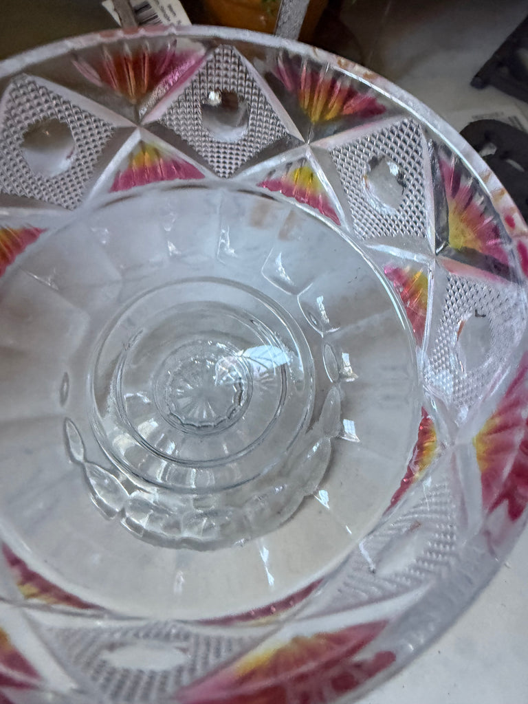 Vintage Etched Coloured Glass Candy Dish with Lid