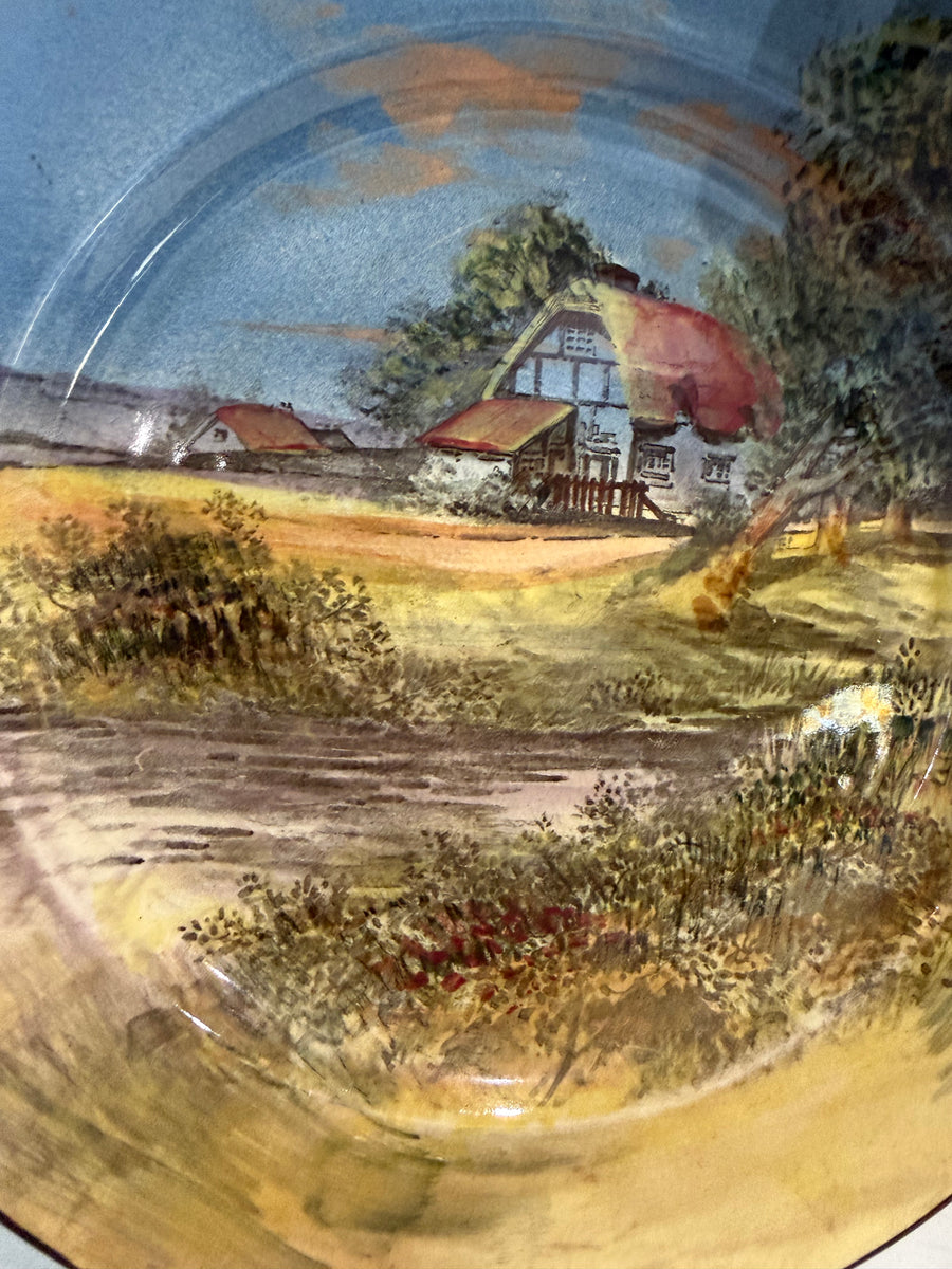 Antique Royal Doulton D4340 Hand-Painted English Cottage Landscape Plate – 26 cm – Early 20th Century