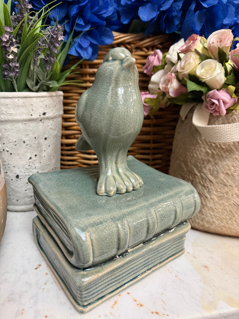 Sage Green Ceramic Bird On Books