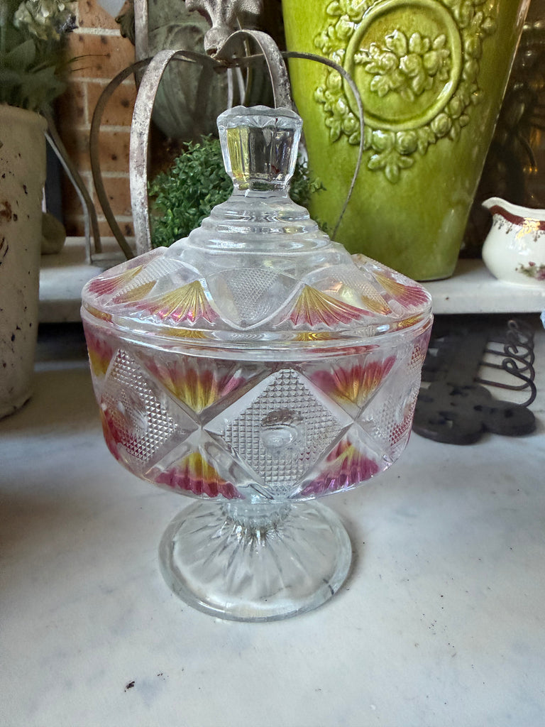 Vintage Etched Coloured Glass Candy Dish with Lid