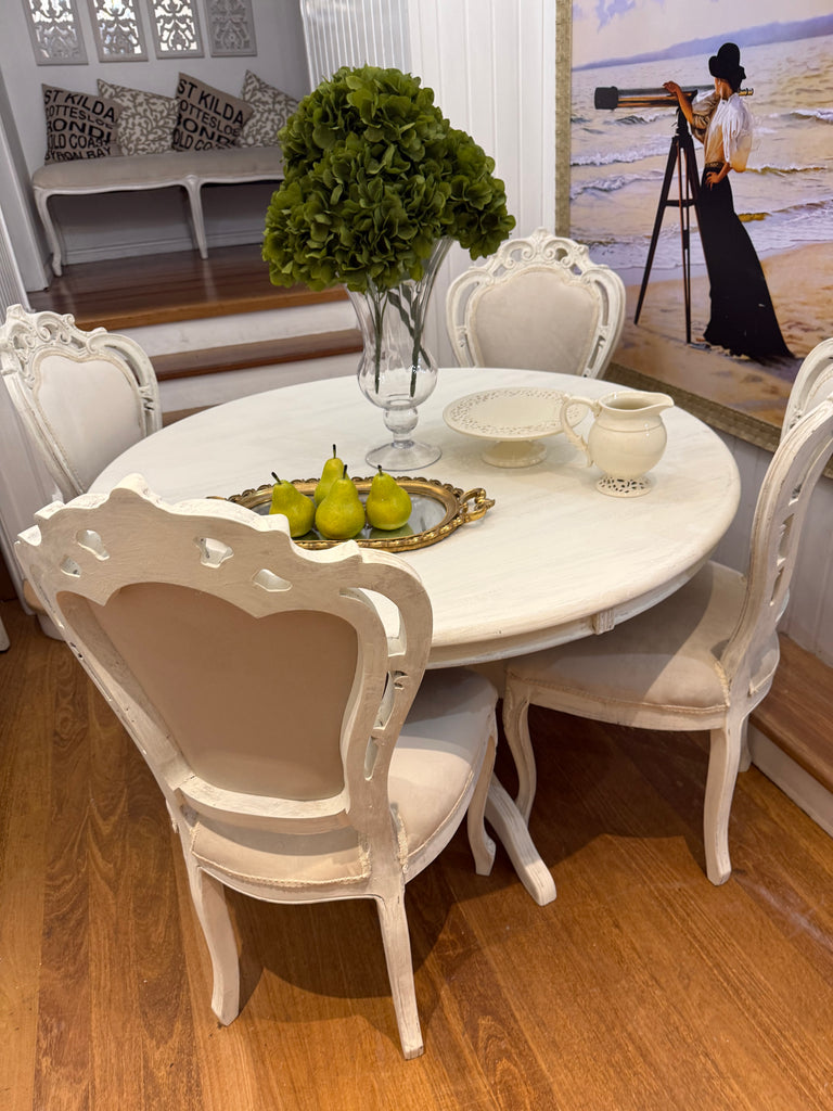 Vintage French Provincial Style Solid Wood Dining Table and 4 Chairs