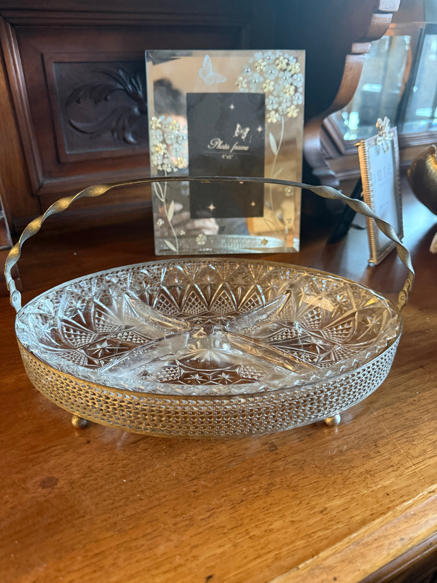 Vintage Mayell Queen Anne Silver Plated & Glass 4-Part Hors d’Oeuvre Dish – England c.1960s