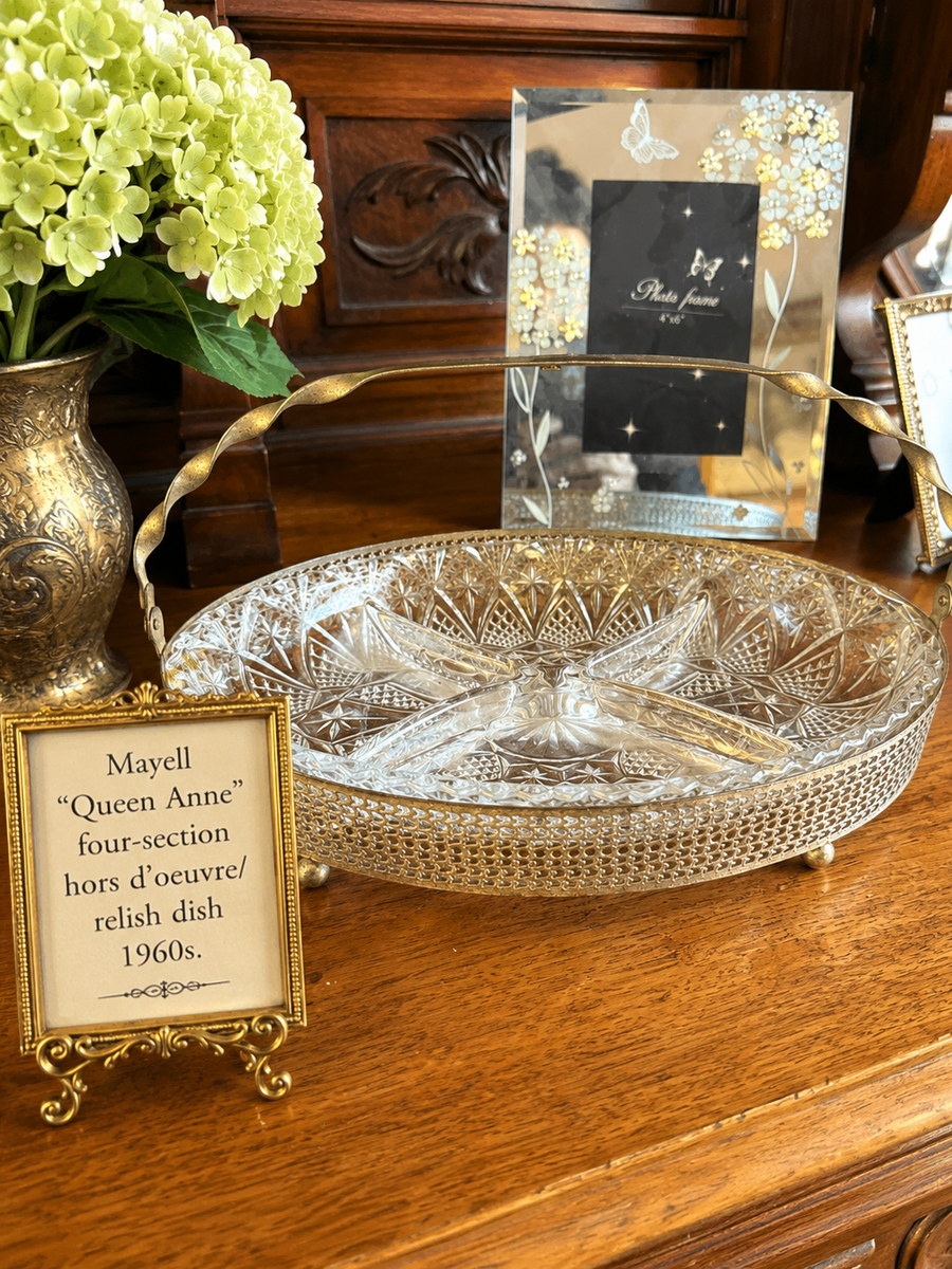 Vintage Mayell Queen Anne Silver Plated & Glass 4-Part Hors d’Oeuvre Dish – England c.1960s