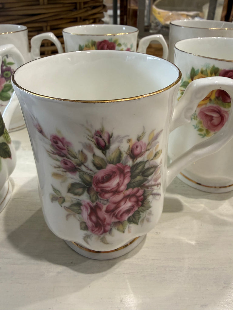 Vintage Hitkari Potteries Bone China Floral Mugs – 7-Piece Set – c.1970s–80s