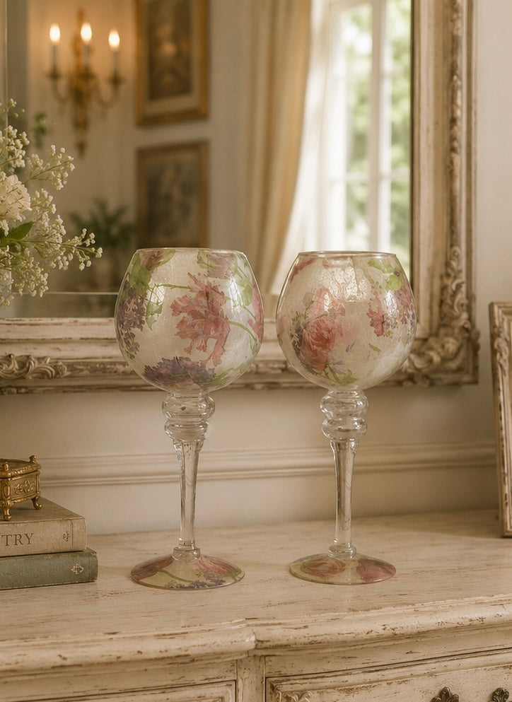 2 x Large Decorative Floral Glasses