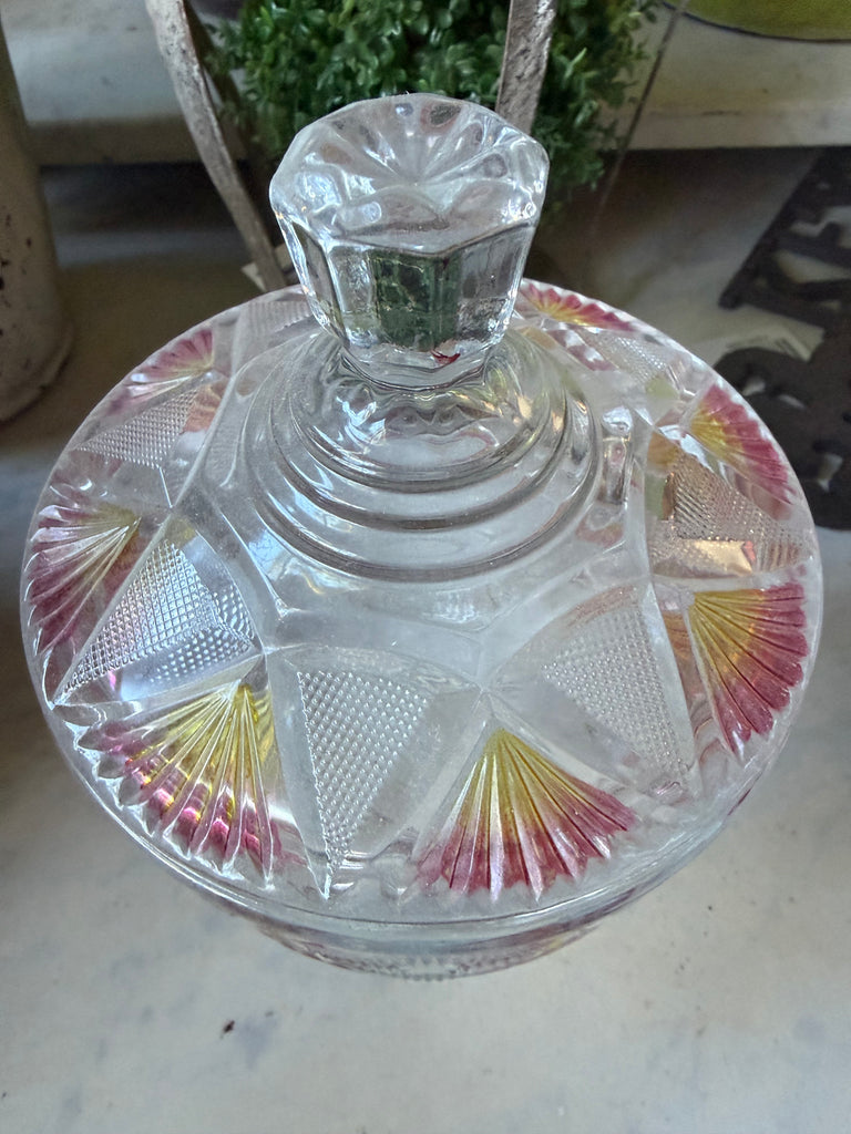 Vintage Etched Coloured Glass Candy Dish with Lid