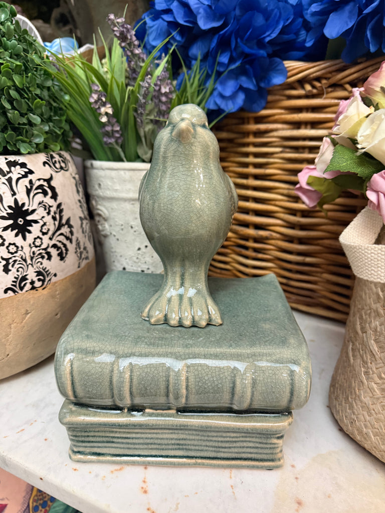 Sage Green Ceramic Bird On Books