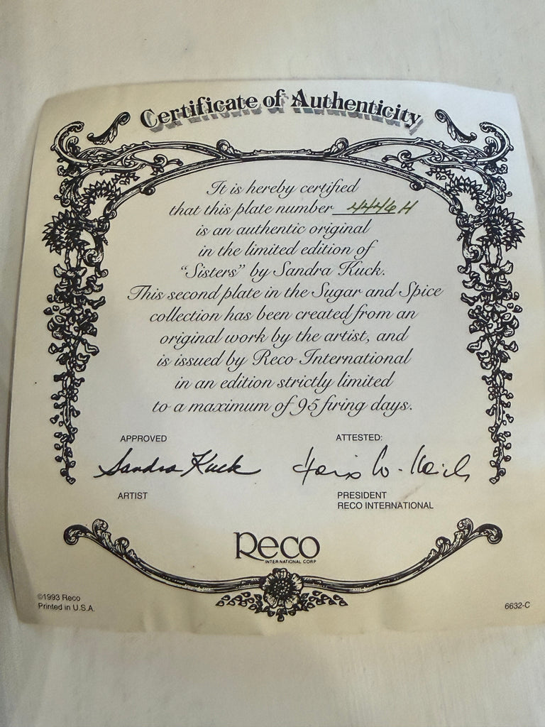 Sandra Kuck “Sisters” & “Little One” Limited Edition Collector Plates – Reco 1993 – COA Included