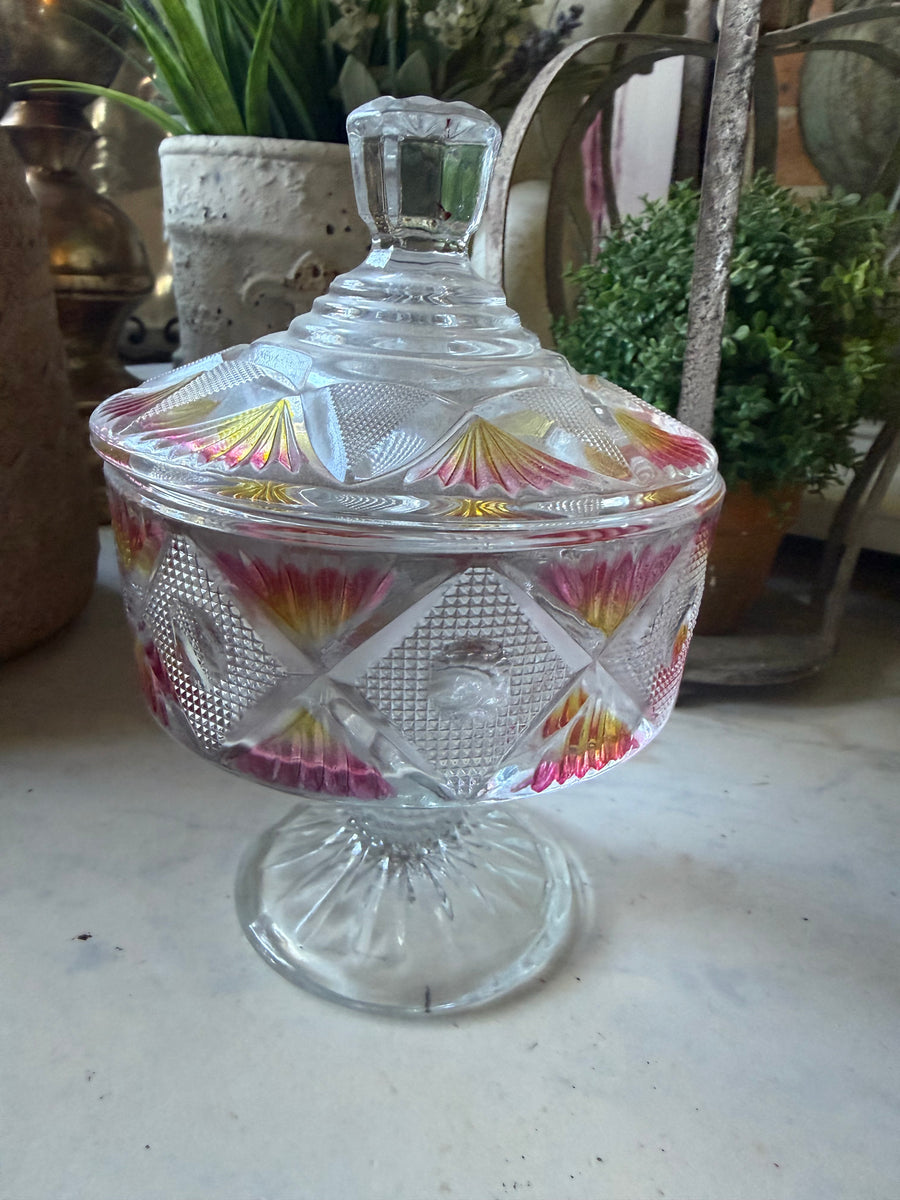 Vintage Etched Coloured Glass Candy Dish with Lid