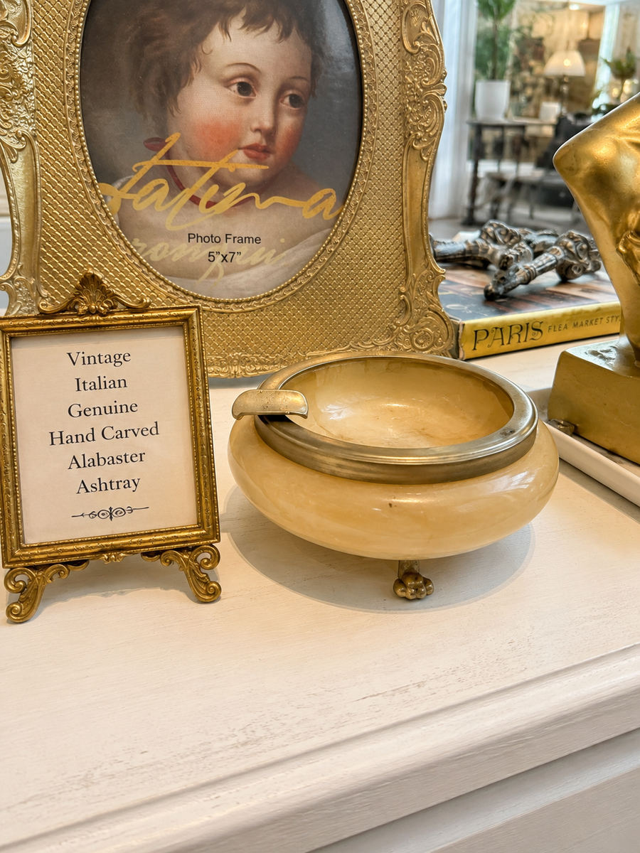 Vintage Italian Genuine Hand Carved Alabaster Ashtray Honey Stone Made in Italy Mid Century