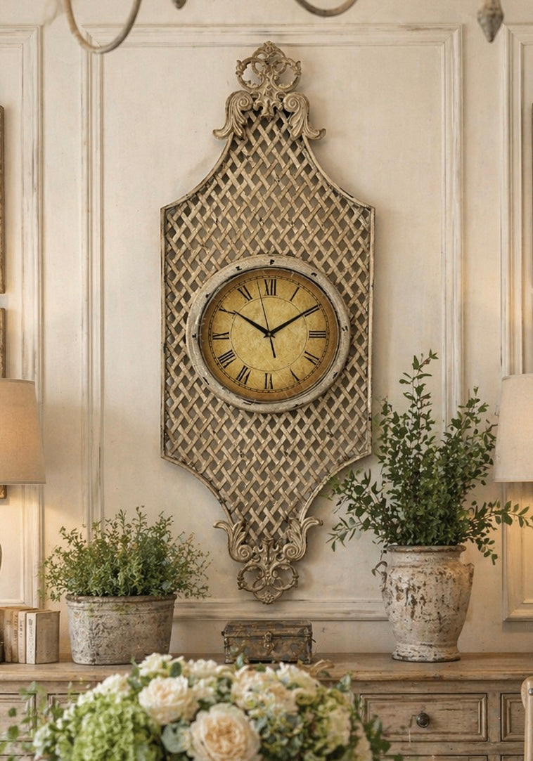 French Provincial Style Clock on Metal Wall Hanging.