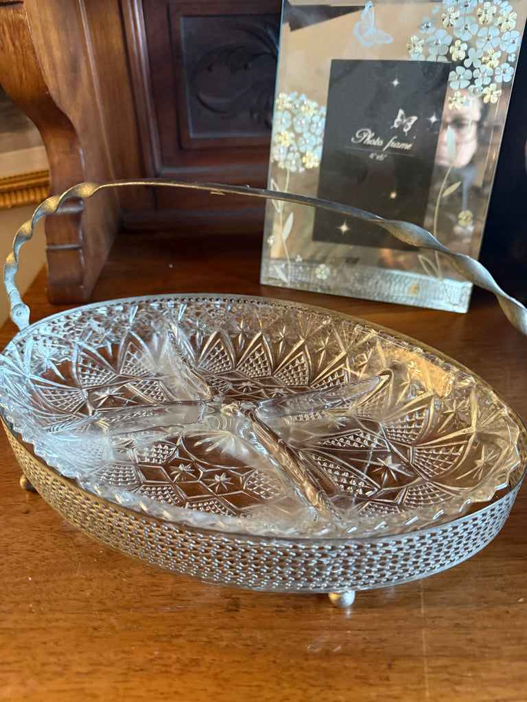 Vintage Mayell Queen Anne Silver Plated & Glass 4-Part Hors d’Oeuvre Dish – England c.1960s