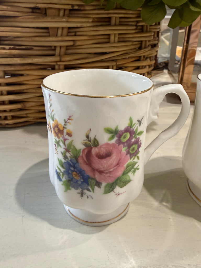 Vintage Hitkari Potteries Bone China Floral Mugs – 7-Piece Set – c.1970s–80s