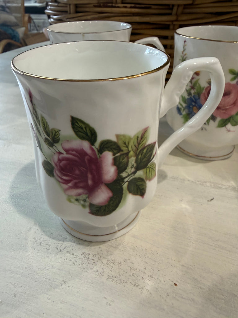 Vintage Hitkari Potteries Bone China Floral Mugs – 7-Piece Set – c.1970s–80s