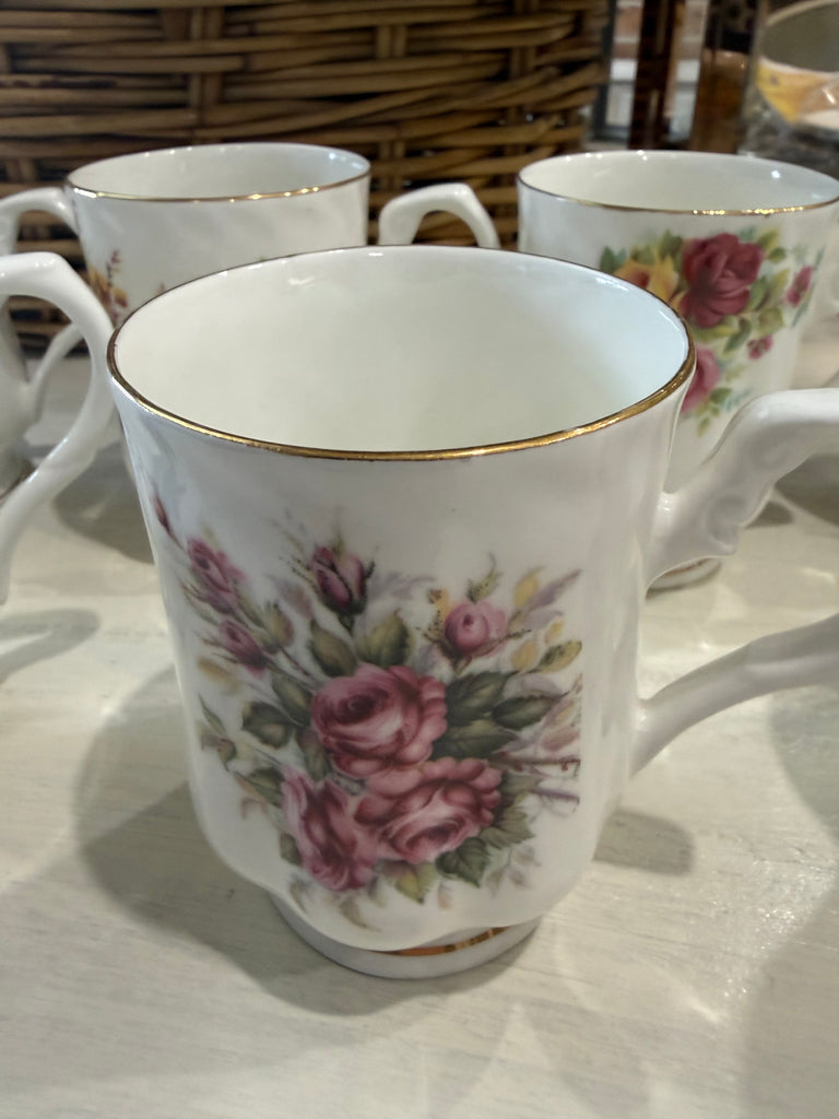 Vintage Hitkari Potteries Bone China Floral Mugs – 7-Piece Set – c.1970s–80s