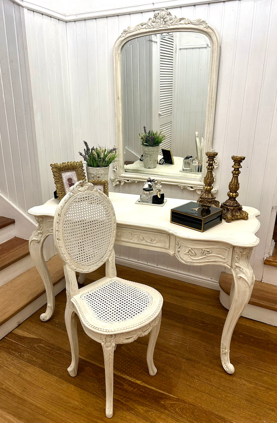 French Provincial Style Dressing Table with Mirror and Chair