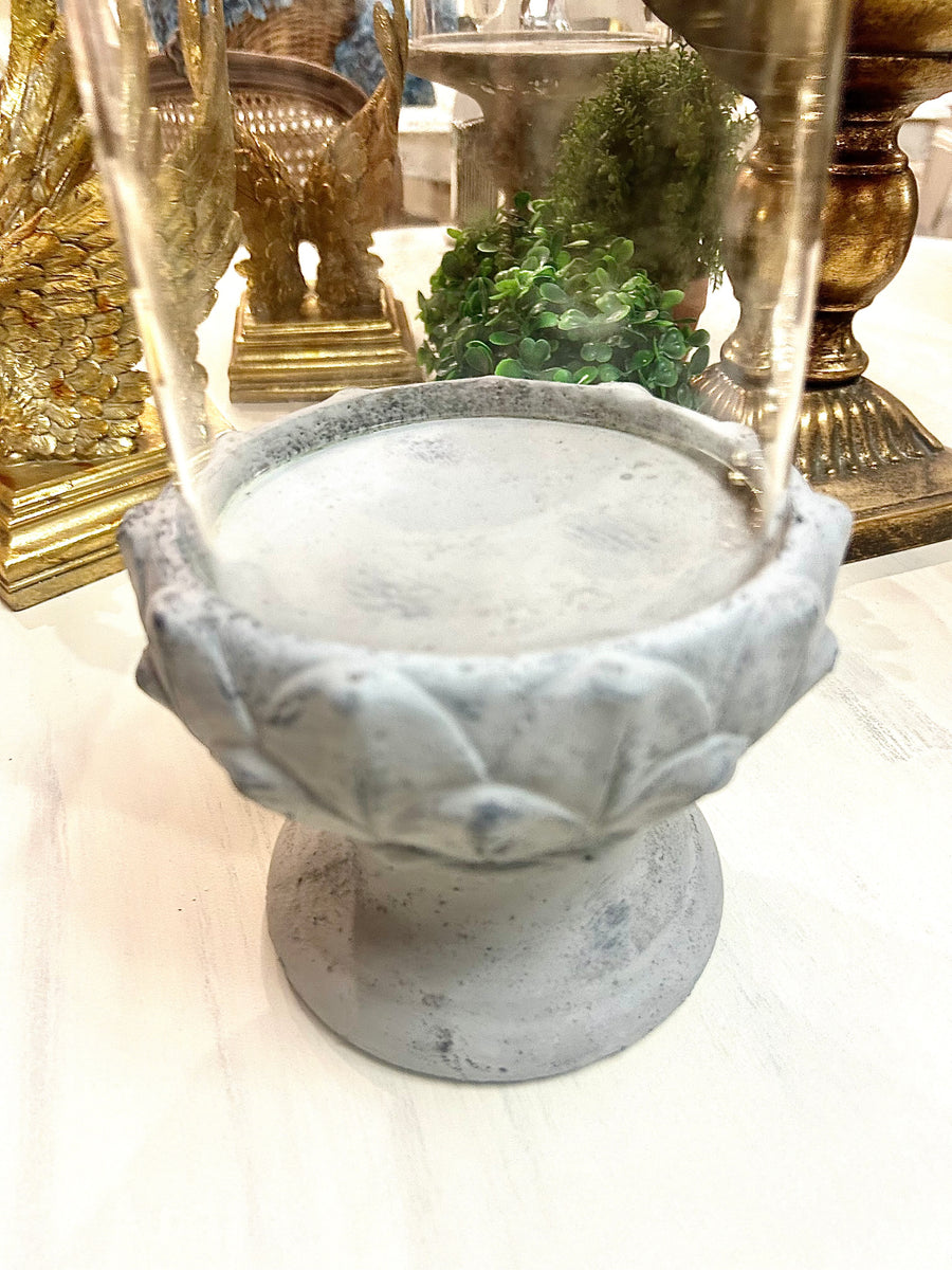 Cement leaf stand with hurricane glass