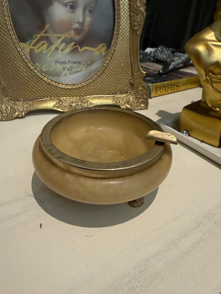 Vintage Italian Genuine Hand Carved Alabaster Ashtray Honey Stone Made in Italy Mid Century