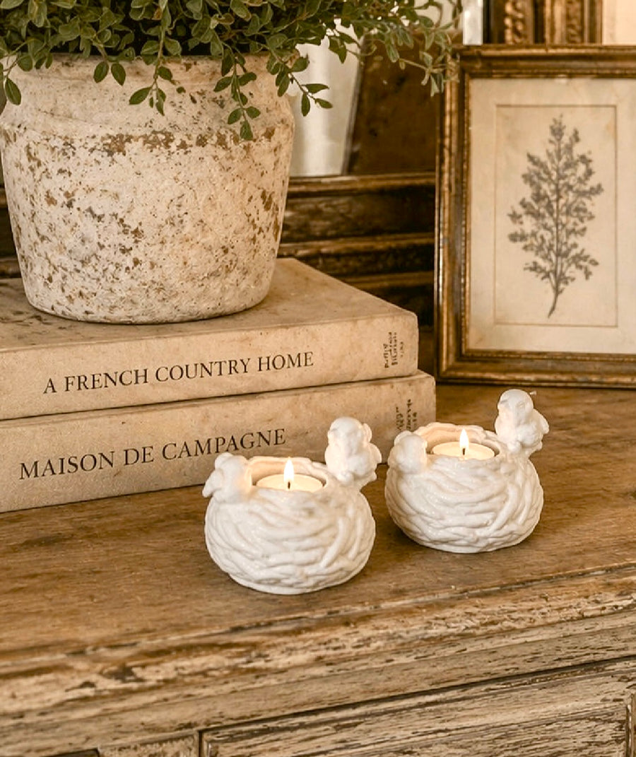 White Ceramic Bird Nest Candle Holder