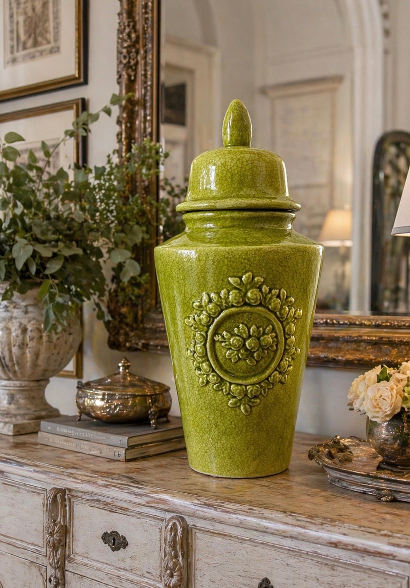 Large Ceramic Glazed Green Ginger Jar