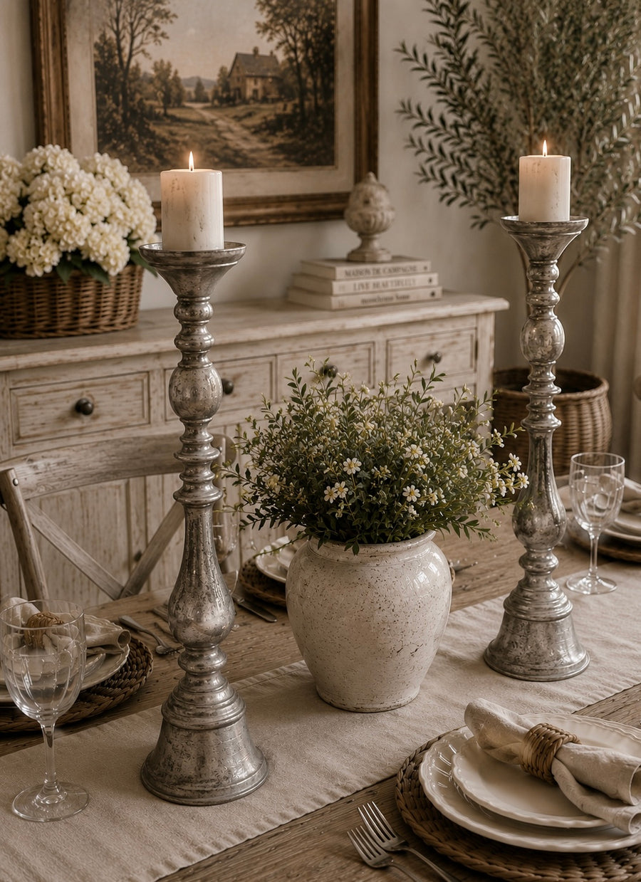 Single Tall Old Metallic SilverCandle Holder 67cm