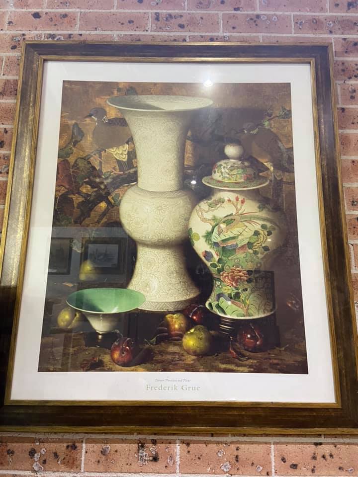 Large Framed Print of Frederick Grue "Chinese Porcelain and Plums"