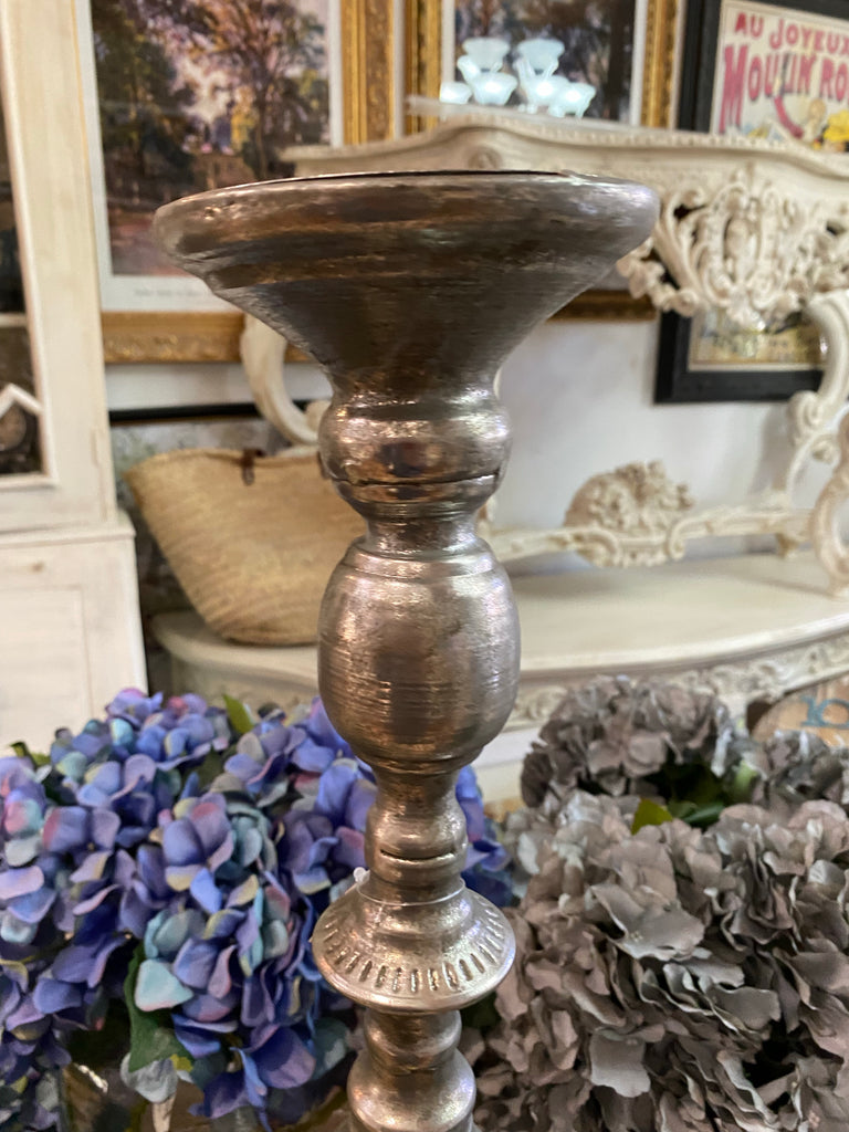 Single Tall Old Metallic SilverCandle Holder 67cm