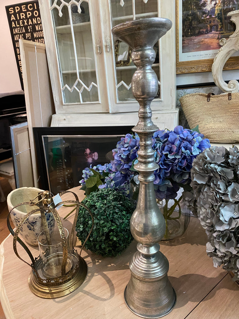Single Tall Old Metallic SilverCandle Holder 67cm