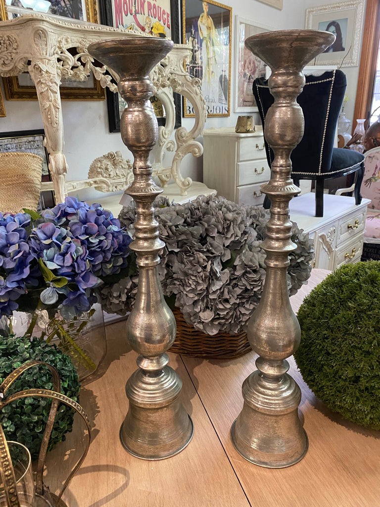 Single Tall Old Metallic SilverCandle Holder 67cm