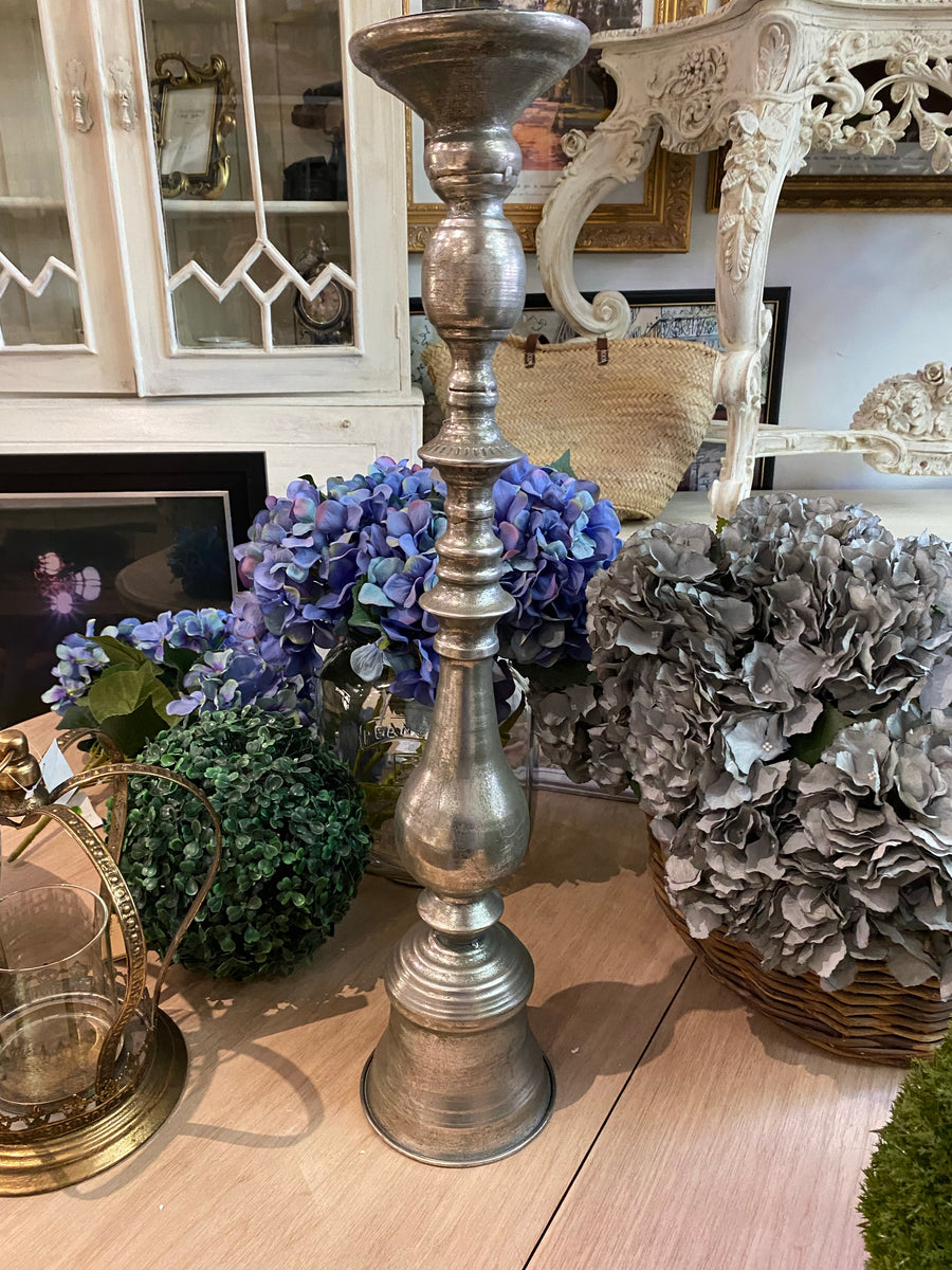 Single Tall Old Metallic SilverCandle Holder 67cm