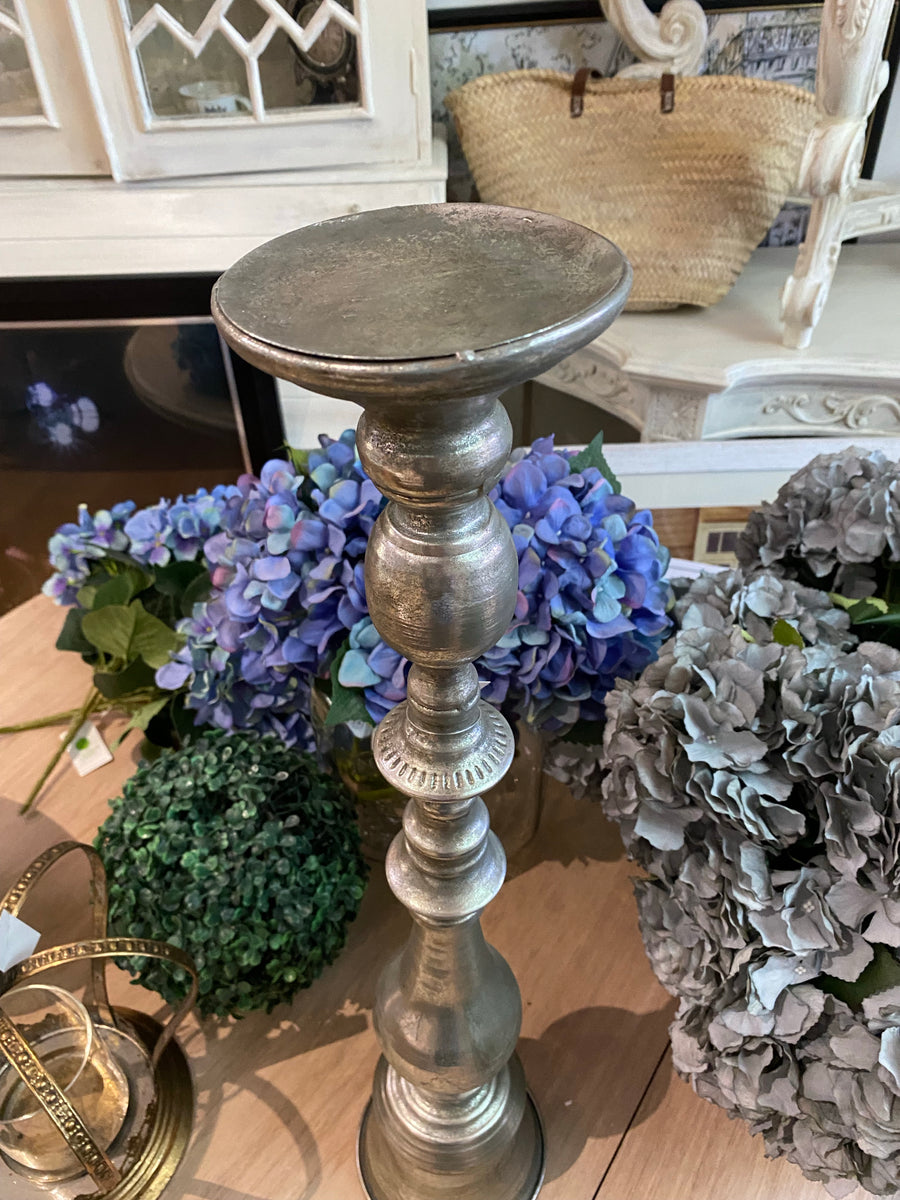 Single Tall Old Metallic SilverCandle Holder 67cm